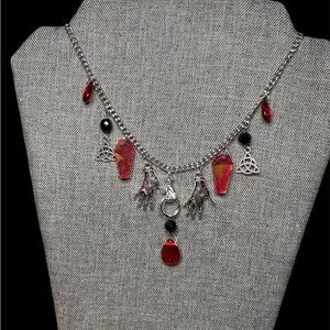Silver and Red Gothic Charm Necklace